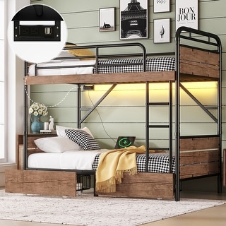 Detachable Bunk Bed Convertible 2 Beds, Black Metal Twin XL Over Twin XL Bed Frame with 2 Drawers, Lights and Charge Station