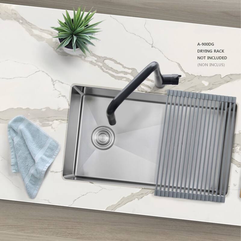 AZUNI 28 inches L x 18 inches W Single Bowl Undermount 16G Reversible Kitchen Sink with Grid and Basket Strainer C128