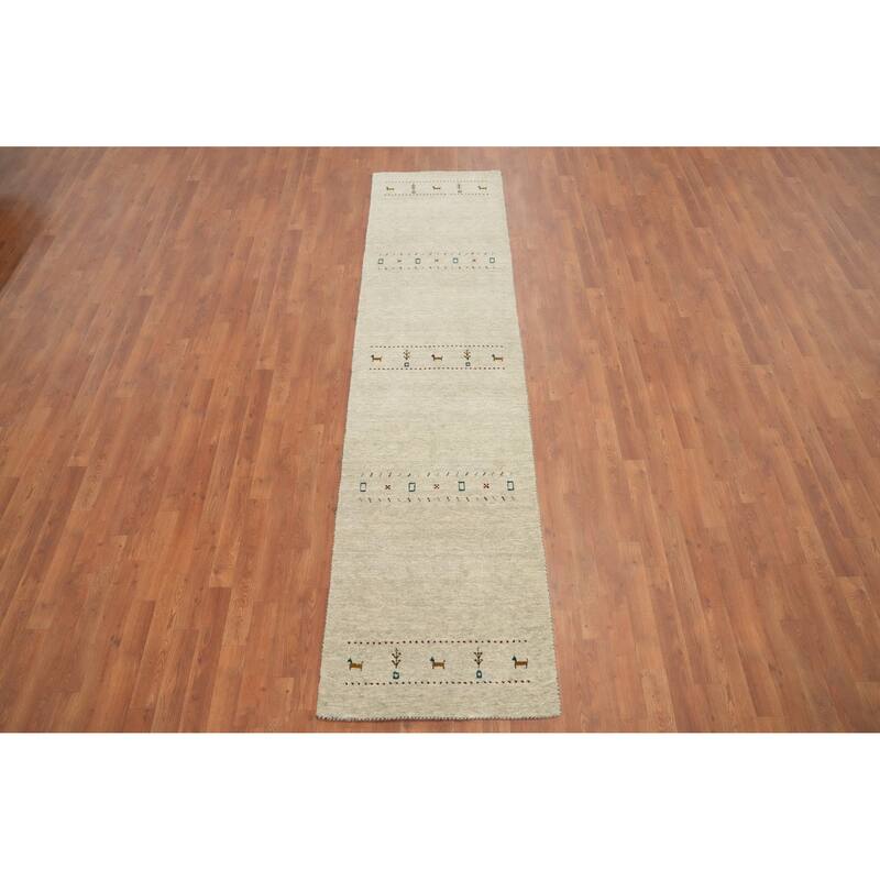 Hand Knotted Oriental 100% Wool Carpet Tribal Animal Pictorial Beige & Ivories Gabbeh Runner Rug - 9' 9'' X 2' 6''