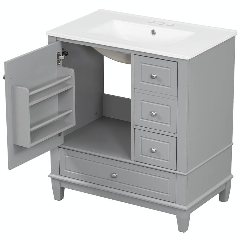 30" Bathroom Vanity with Sink, Soft-Close Door, One Door with Shelf & Three Drawers
