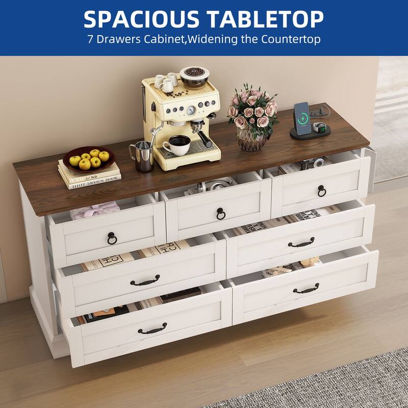 Moasis Farmhouse 59" 6 Drawer/7 Drawers Dresser Chest of Drawers Storage Organizer For Bedroom