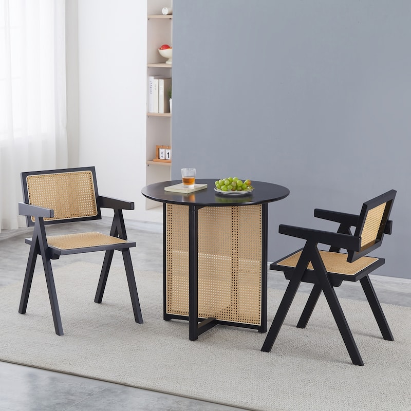 2 Piece Rattan Solid Wood Kitchen Dining Chair with Cushions, Backrests, Armrests for Dining Room Kitchen Living Room Bedroom