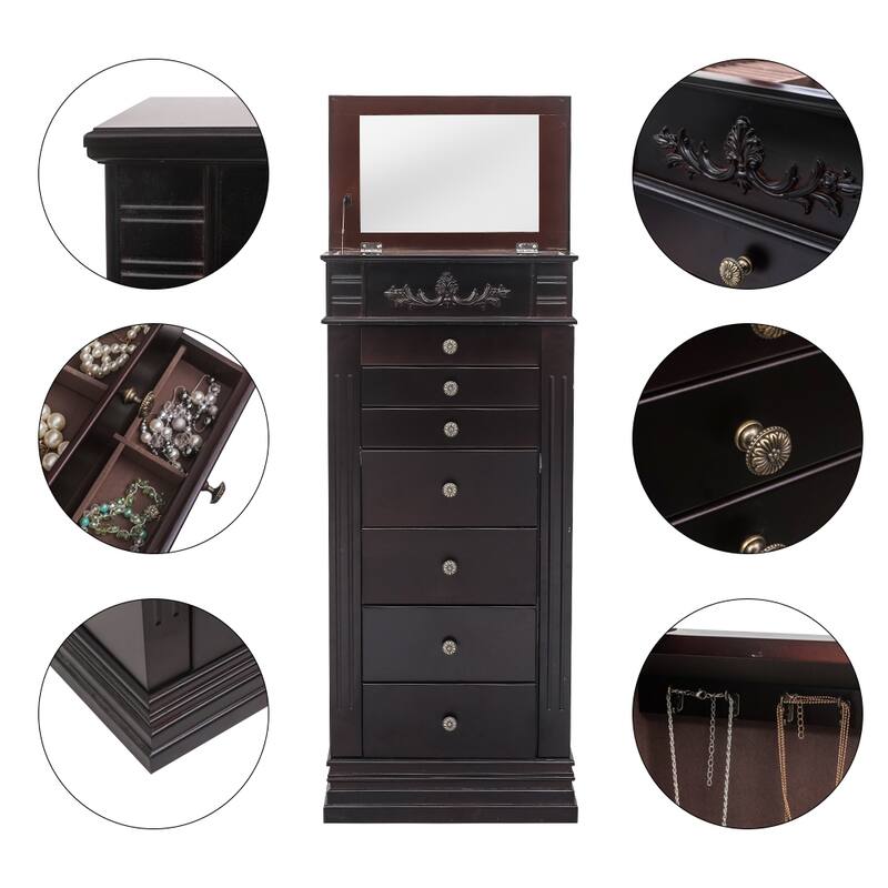 Large Mirror Jewelry Armoire Front Storage Chest Stand Organizer with 8 Drawers