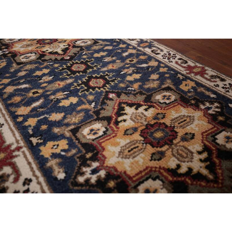 Blue Geometric Kazak Indian Runner Rug Handmade Oriental Wool Carpet - 2'8"x 8'2"