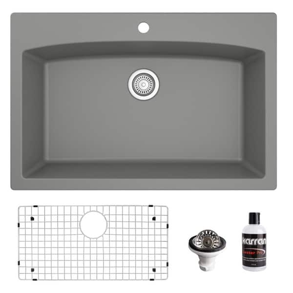 slide 21 of 67, Karran Drop-In Quartz 33 in. 1-Hole Single Bowl Kitchen Sink Kit Grey