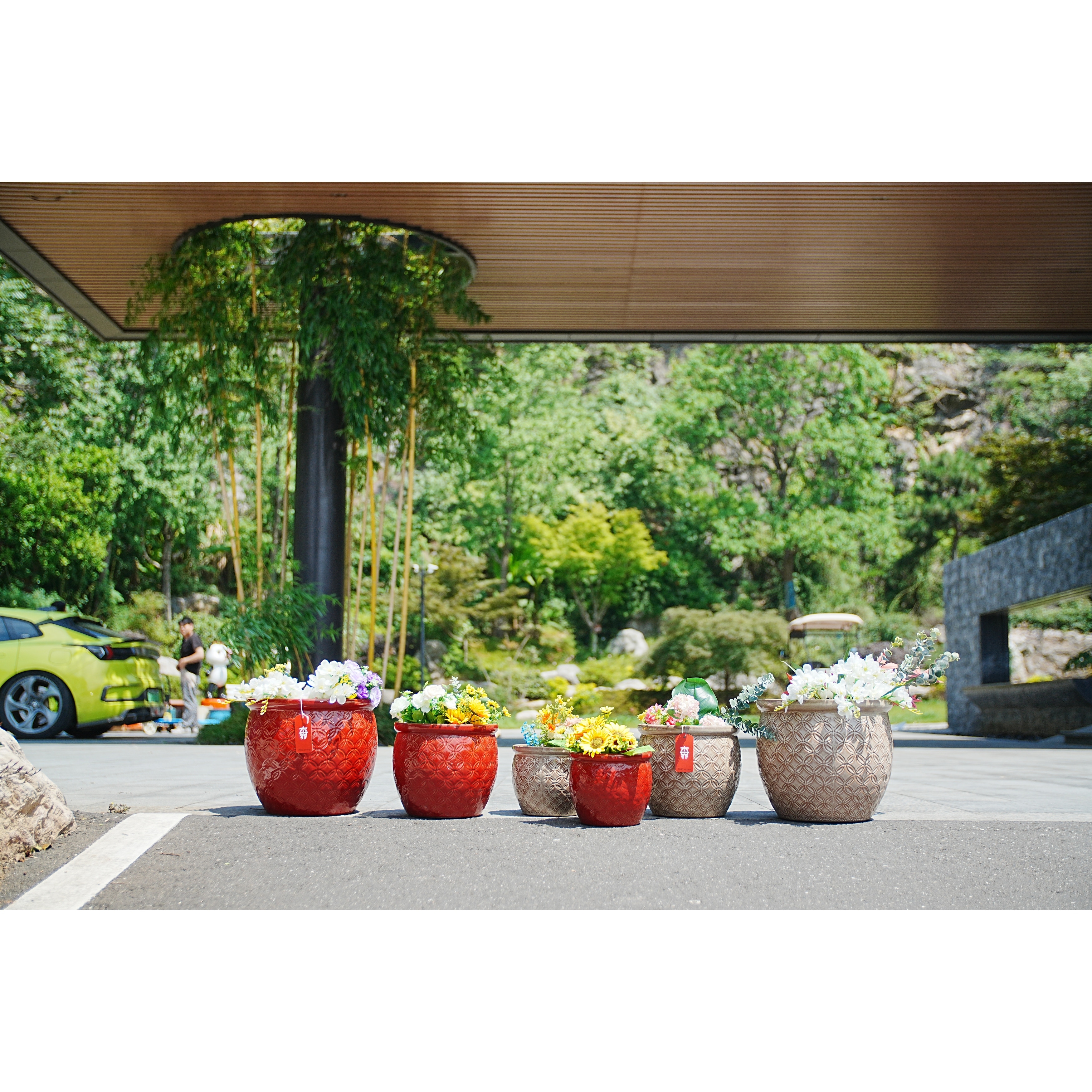 Set of 3 Antique Yellow 15 Inch Ceramic Planters with Drainage Hole - Frost Proof Indoor Outdoor Flower Pots - Bean paste red