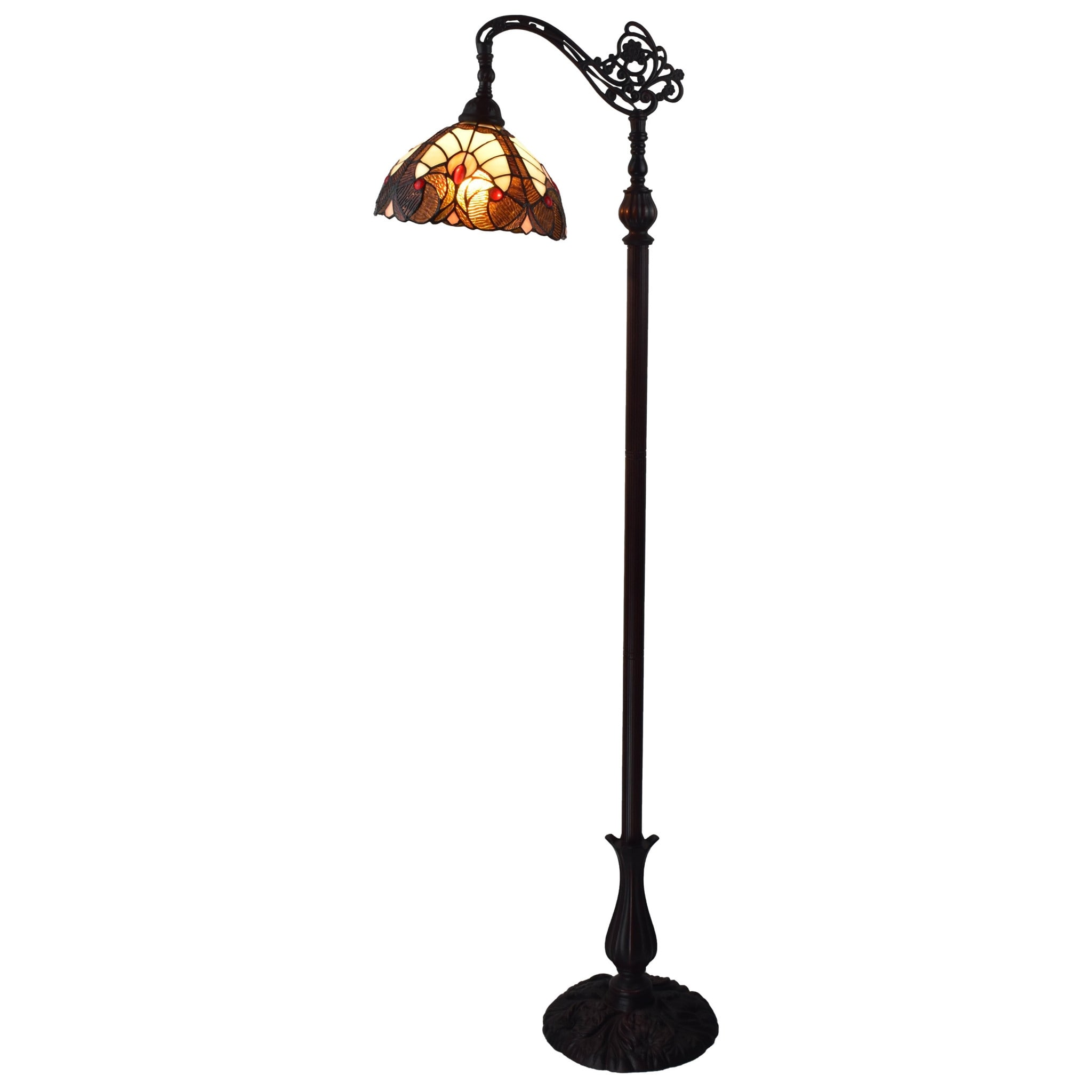 Beige Metal Torchiere Floor Lamp with Stained Glass Dome and 3 Way Switch - 12” x 12” x 62” (D x W x H)