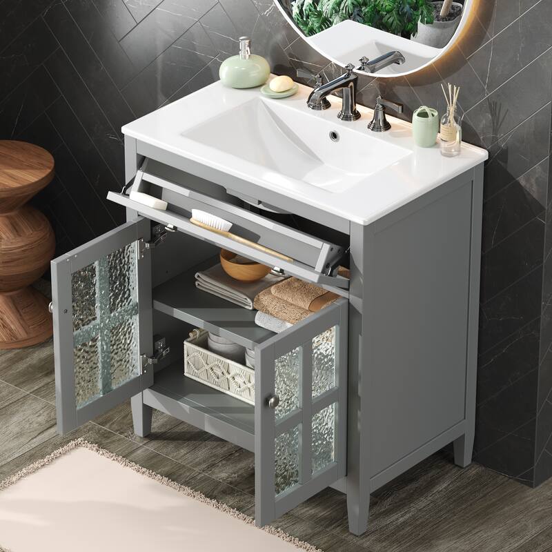 30" Storage Cabinet with Glass Doors, Bathroom Vanity with Ceramic Sink, Adjustable Shelf, Tip-Out Tray and Silver Metal Knobs