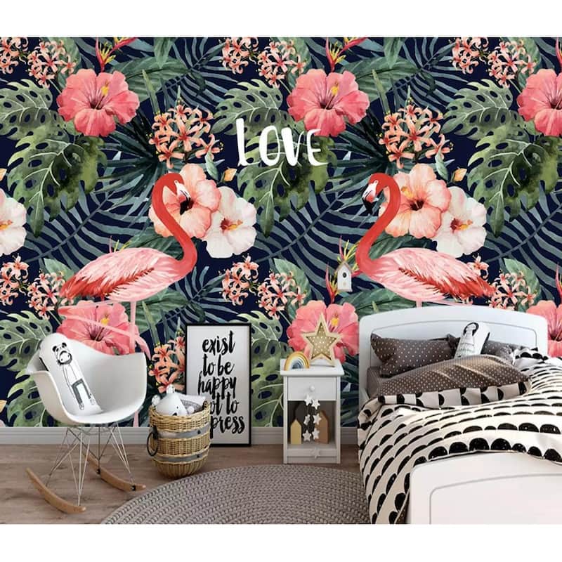 GK Wall Design Flamingo Vintage Leaf Mirabilis Flower Tropical Removable Wallpaper