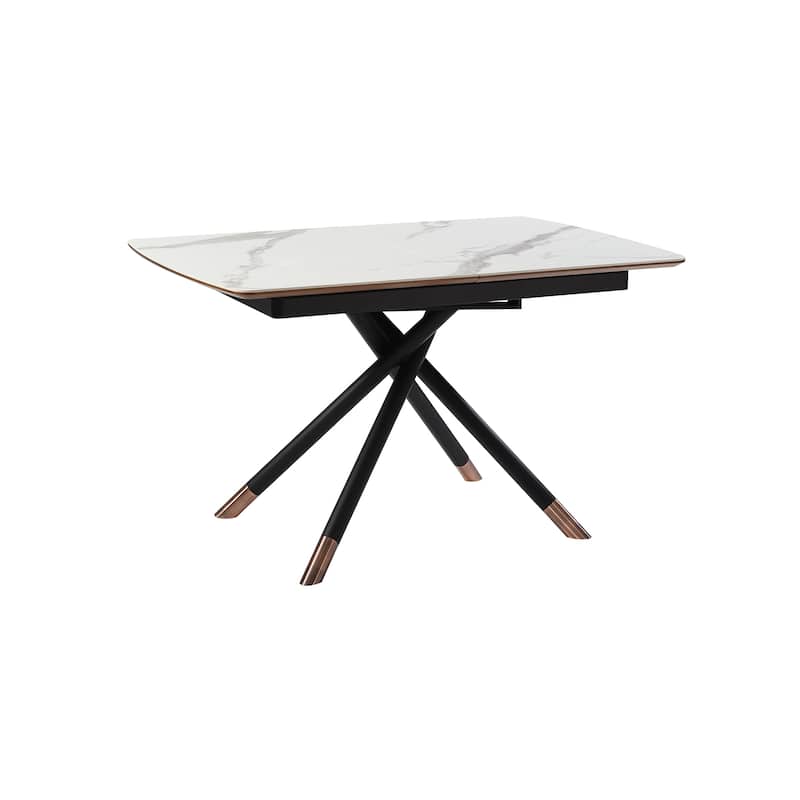 Alora 51" - 67" Extendable Dining Table with Light Gray Ceramic and Wood Top and Metal Legs