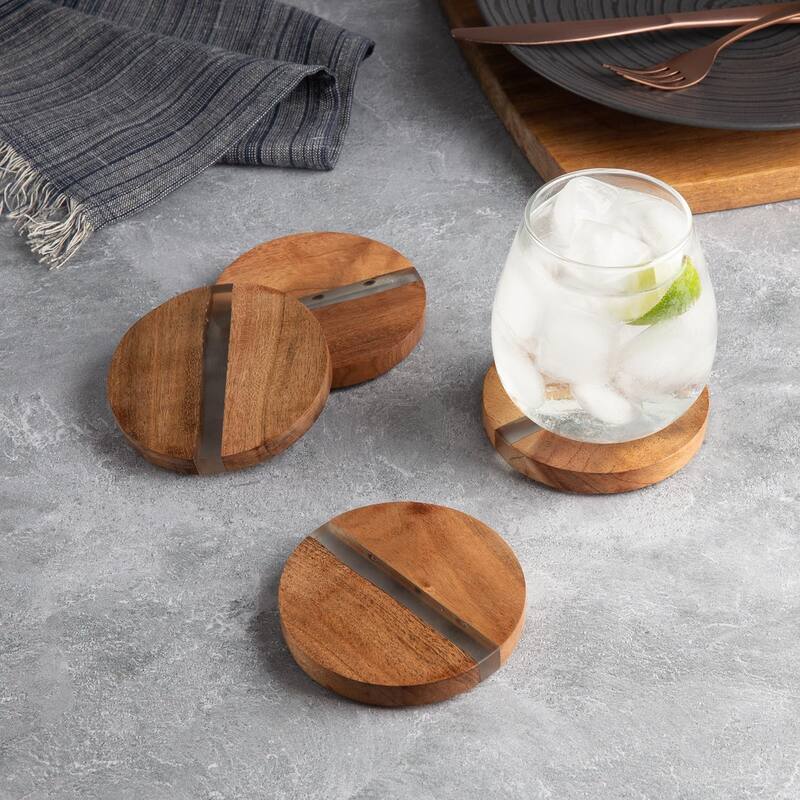 4 Pack Round Acacia Wood Absorbent Coasters with Decorative Resin Inlay Strong Durable Absorbent