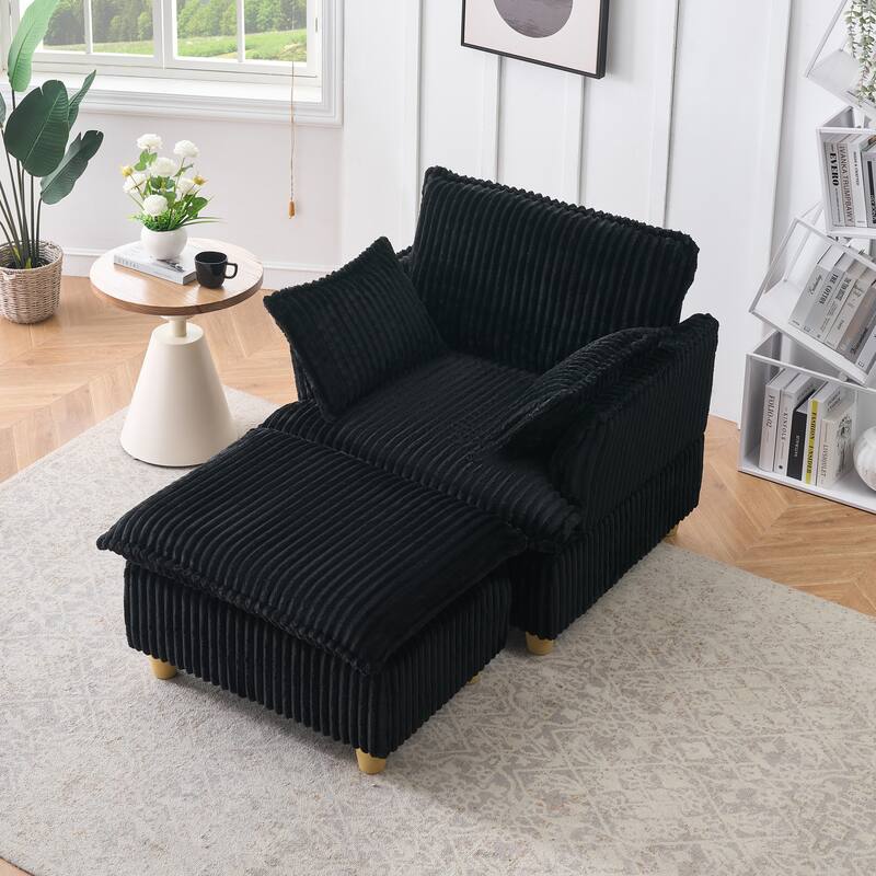 Single-seat Corduroy Sofa with Ottoman and Throw Pillows, 60x36x34 inches, Black - Multi-Color