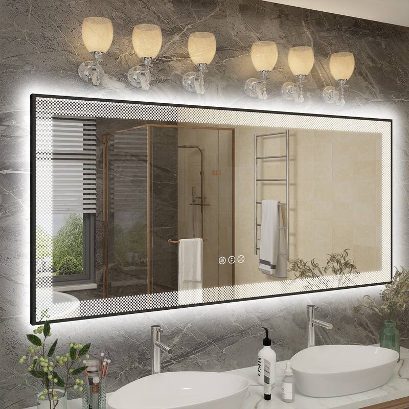 KIOTEE Metal Frame Frontlit & Backlit Anti-Fog Tempered Glass Bathroom Vanity Mirror Wall Mirror with ETL and 3-Year Warranty - 60x28
