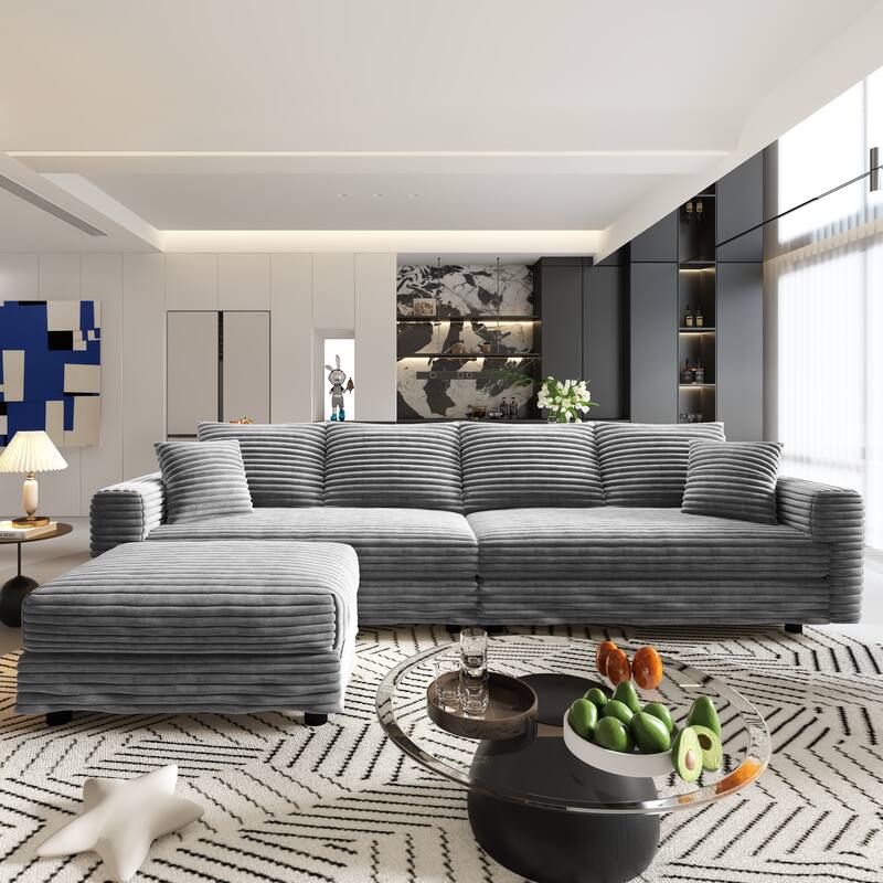 102.4 " Corduroy Modular Sofa, Modern Upholstered Sofa Cloud Couch, Deep Seat Couches w/ Pillows, Movable Ottoman for Apartment