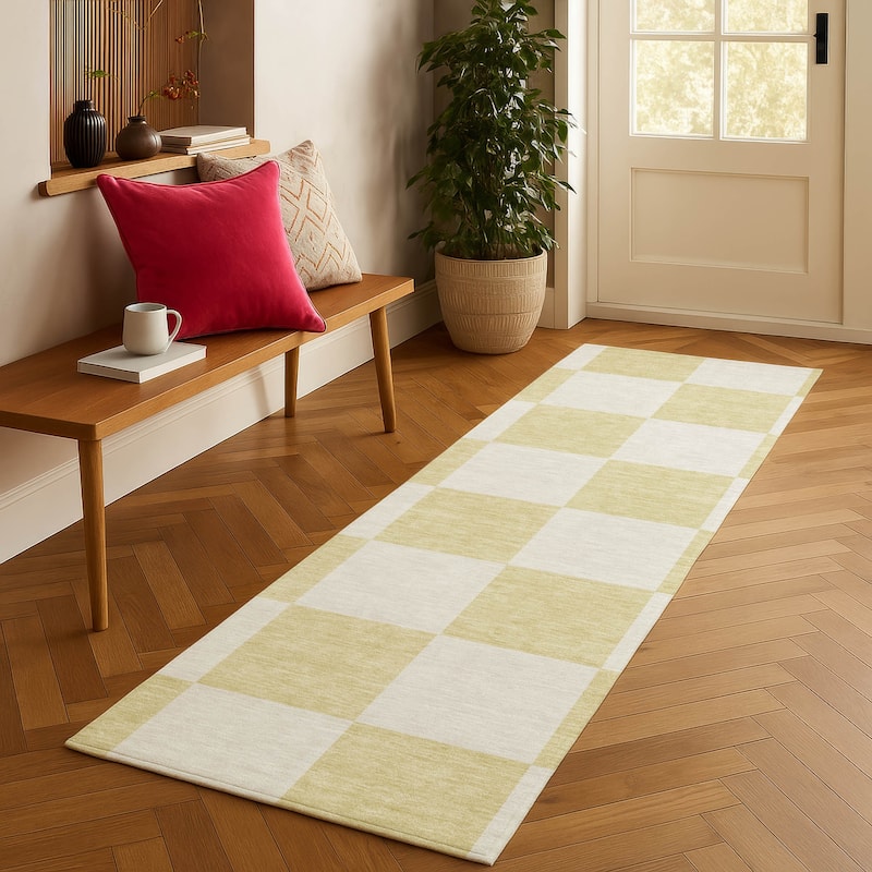 Machine Washable Indoor/ Outdoor Modern Checker Chantille Rug