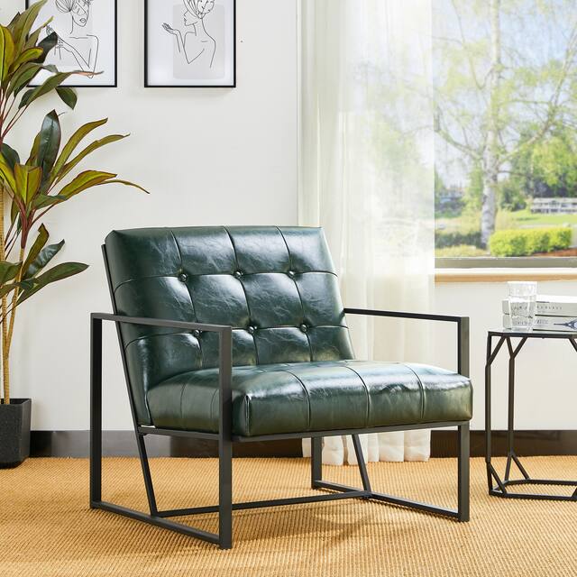 Glitzhome 31.50"H Mid-Century PU Leather Tufted Accent Chair - Dark Green