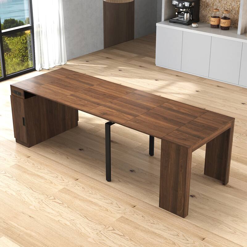 Modern Extendable Dining Table with Outlet & Storage, Space-Saving Expanding Table for Party & Meetings
