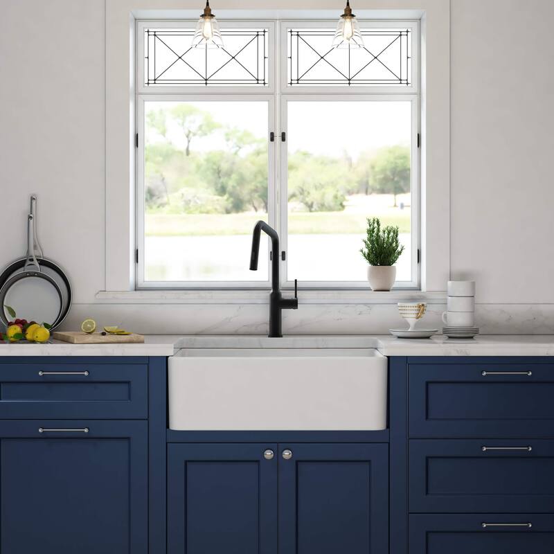 White Fireclay Farmhouse Undermount Kitchen Sink with Bottom Grid and Strainer
