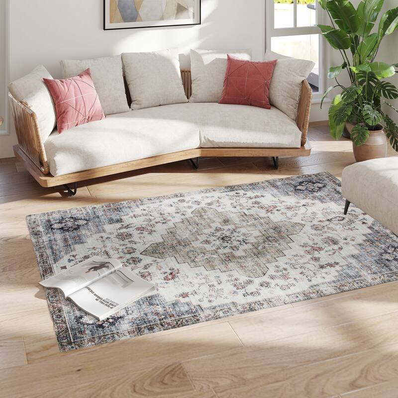 HOMCOM 4x6 Area Rug, Vintage Machine Washable Rug, Non-Slip Floor Carpet for Living Room, Bedroom, Dining Room, Home Office