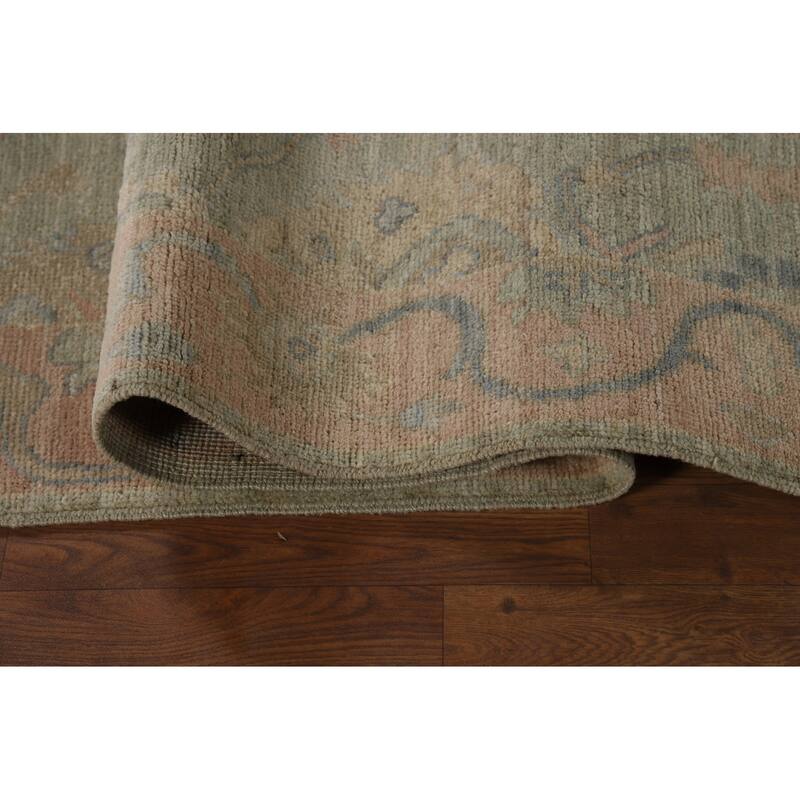 Vegetable Dye Green Oushak Turkish Runner Rug Handmade Wool Carpet - 3'2" x 12'0"