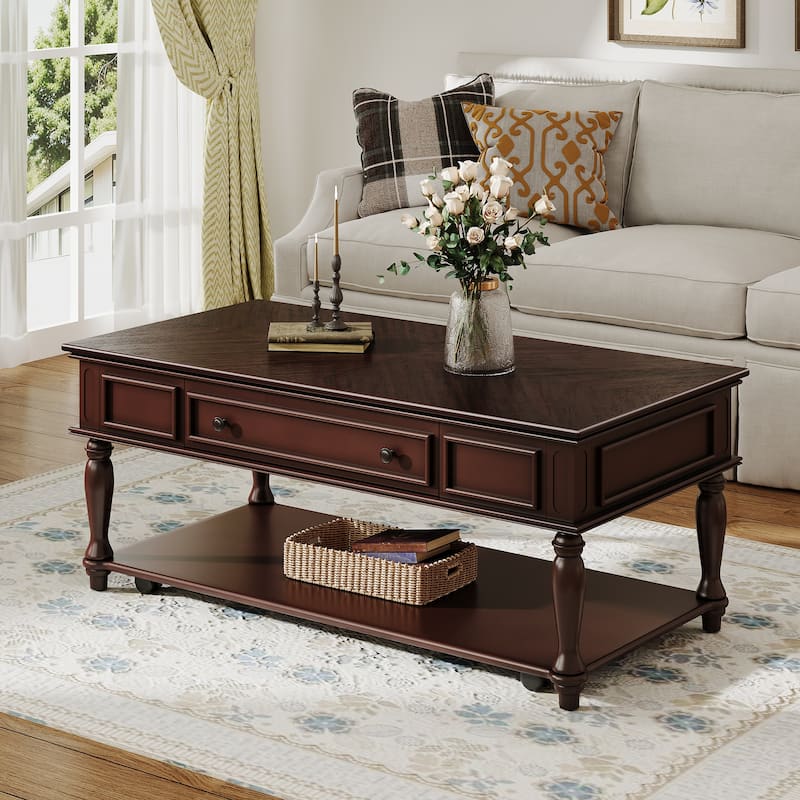 Farmhouse Coffee Table with Drawer, Easy-Assembly Retro Cocktail Table with Wheels, Rustic Center Table for Living Room‌