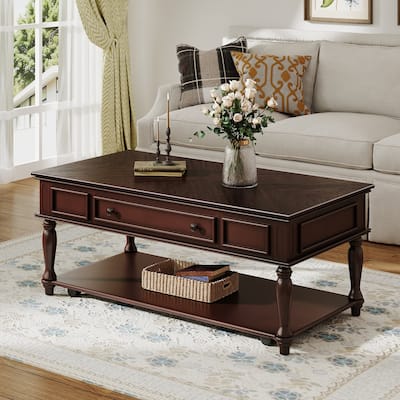 Farmhouse Coffee Table with One Drawer, Movable Rectangular Cocktail Table with Lockable Wheels, Solid Wood Legs