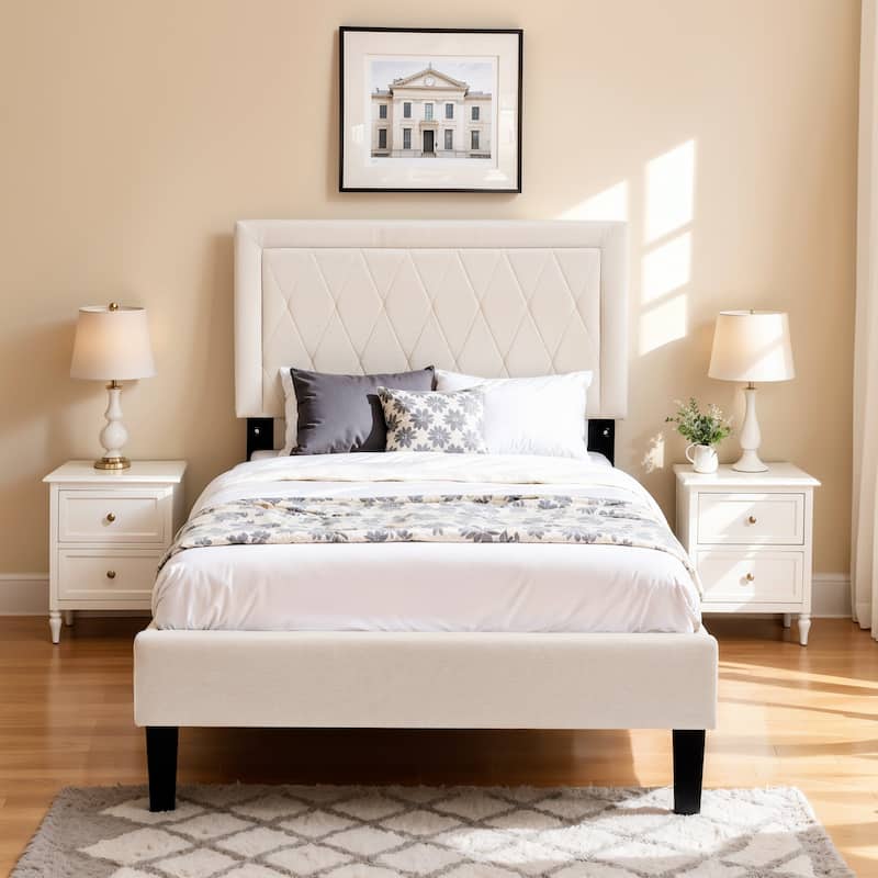 Subrtex Modern Upholstered Bed Frame,Solid wood Platform,No Box Spring Needed - Twin - Cream