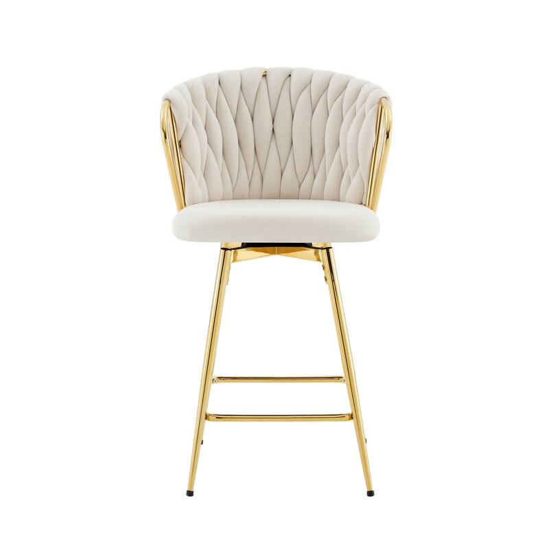 Set of 2 Modern Velvet Braided Bar Stools with Metal Frame & Woven Rope Backrest - Beige
