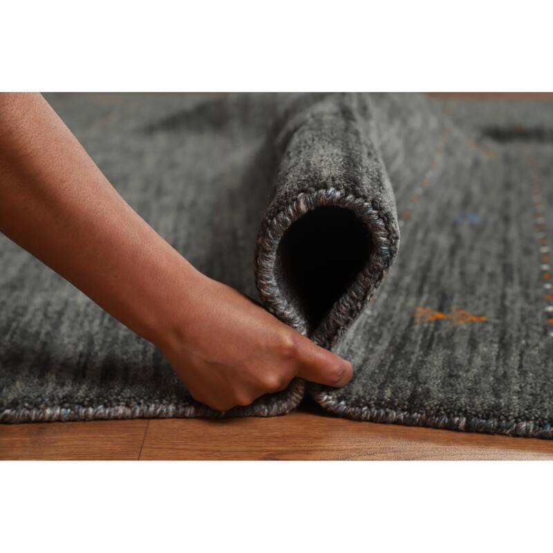 Hand Knotted Oriental 100% Wool Carpet Tribal Stripe Greys & Charcoal Gabbeh Area Rug - 6' 9'' X 6' 7''