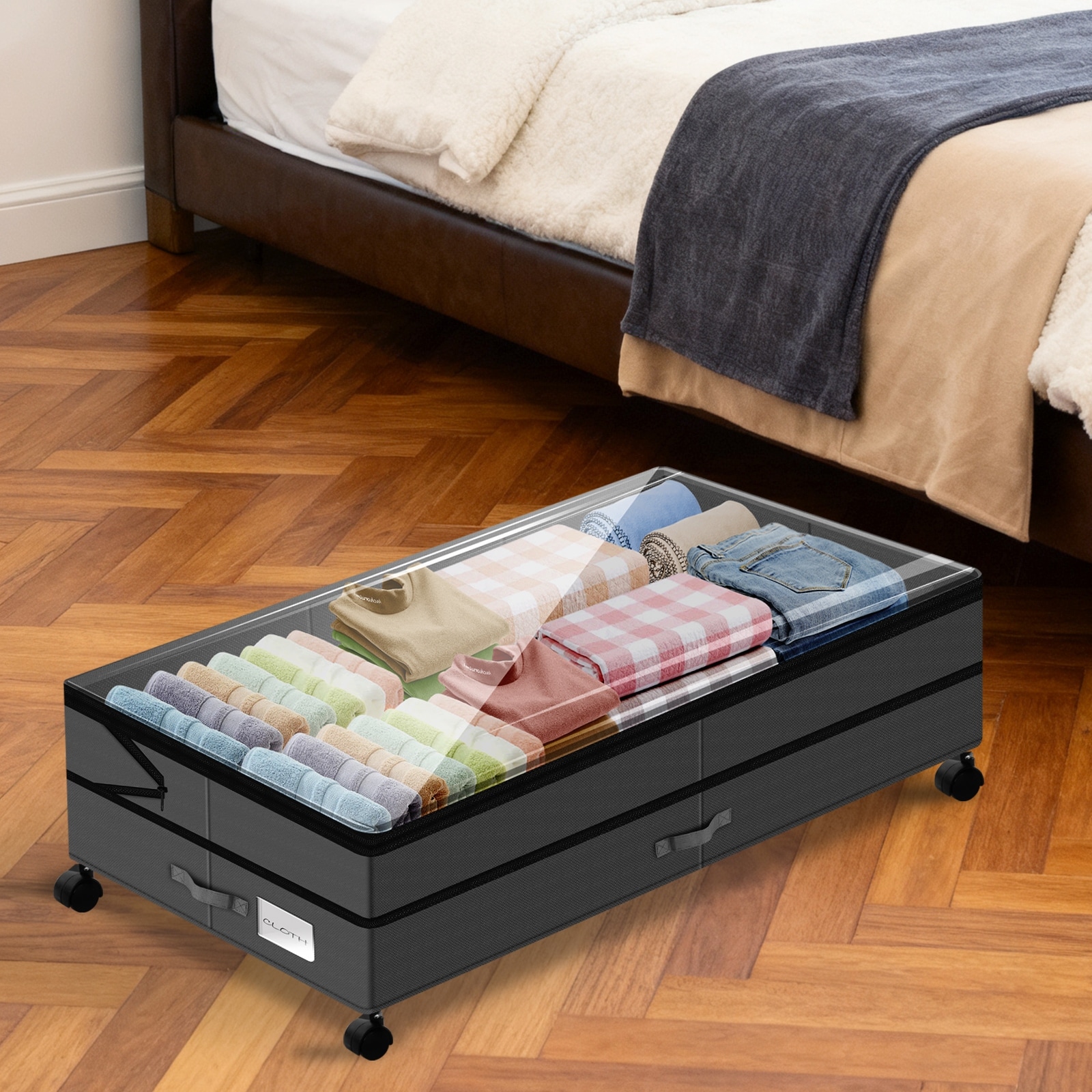 Under Bed Storage Bins with Wheels, 80L Large Capacity Adjustable Clear Lid Containers for Shoes, Clothes, Blankets, Toys