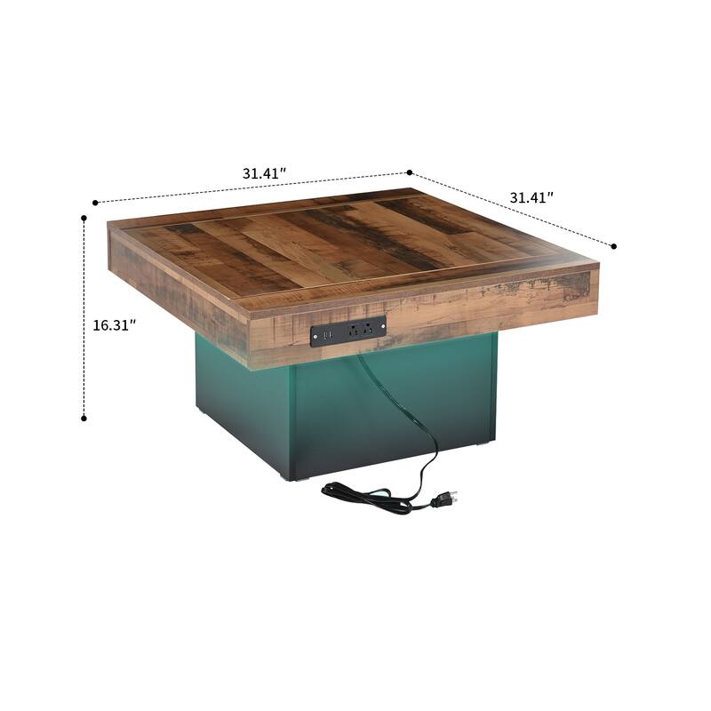 Farmhouse Rustic Coffee Table with USB Port and AC Outlet, LED Light, Non-Slip Feet for Living Room