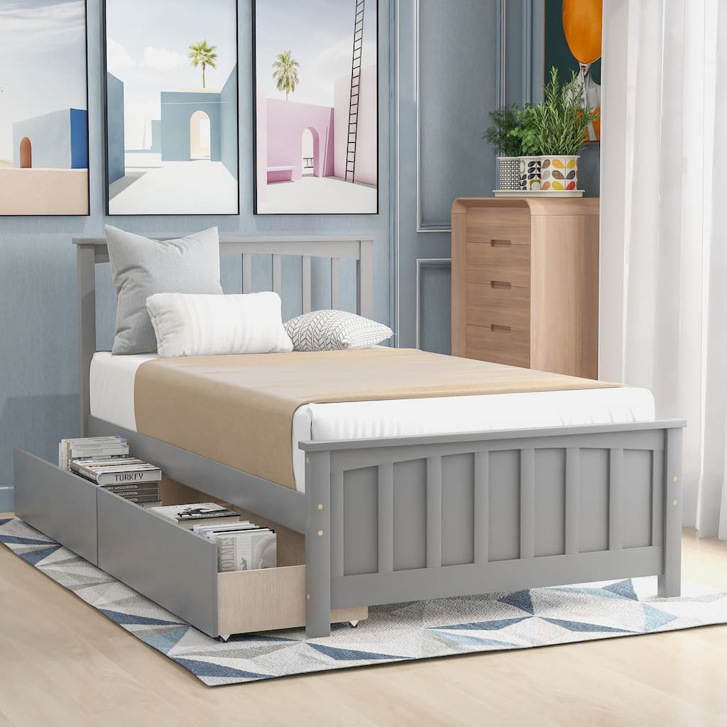 Twin Size Wood Platform Bed with Trundle, Stylish Design, Solid Construction, White/Gray