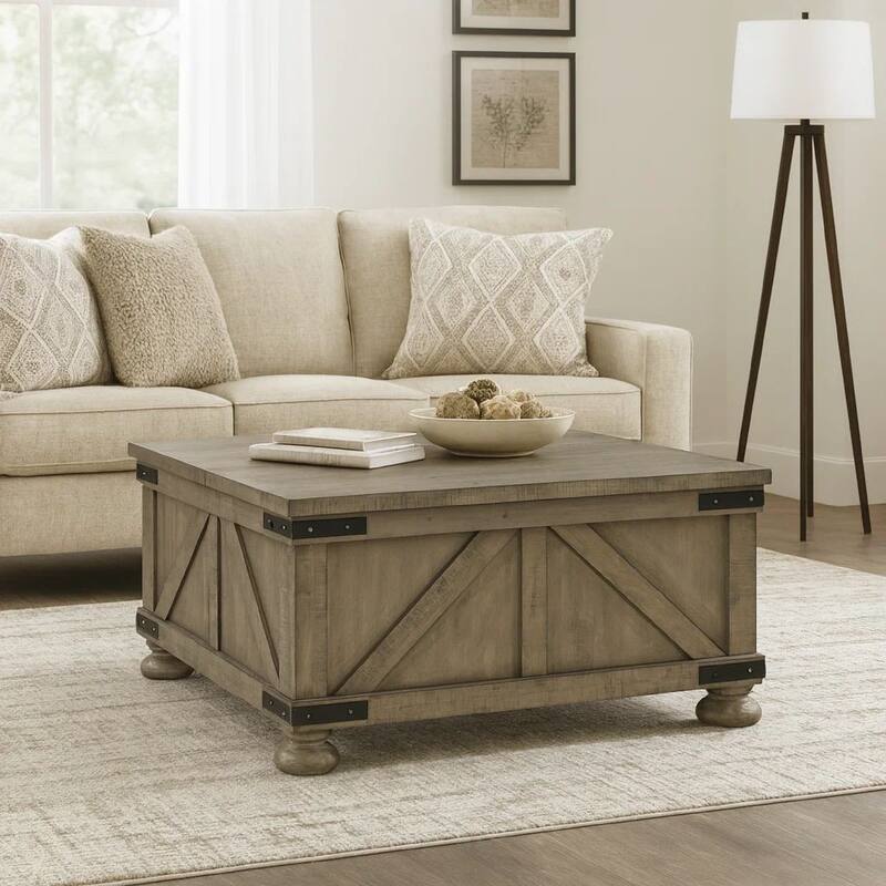 Farmhouse Cocktail Table with Lift Top Storage and Crossbuck details, Gray