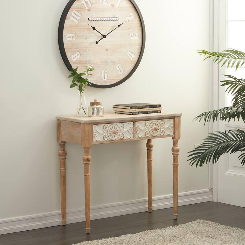 Brown Wood Intricately Carved 2 Drawers Floral Console Table - Brown
