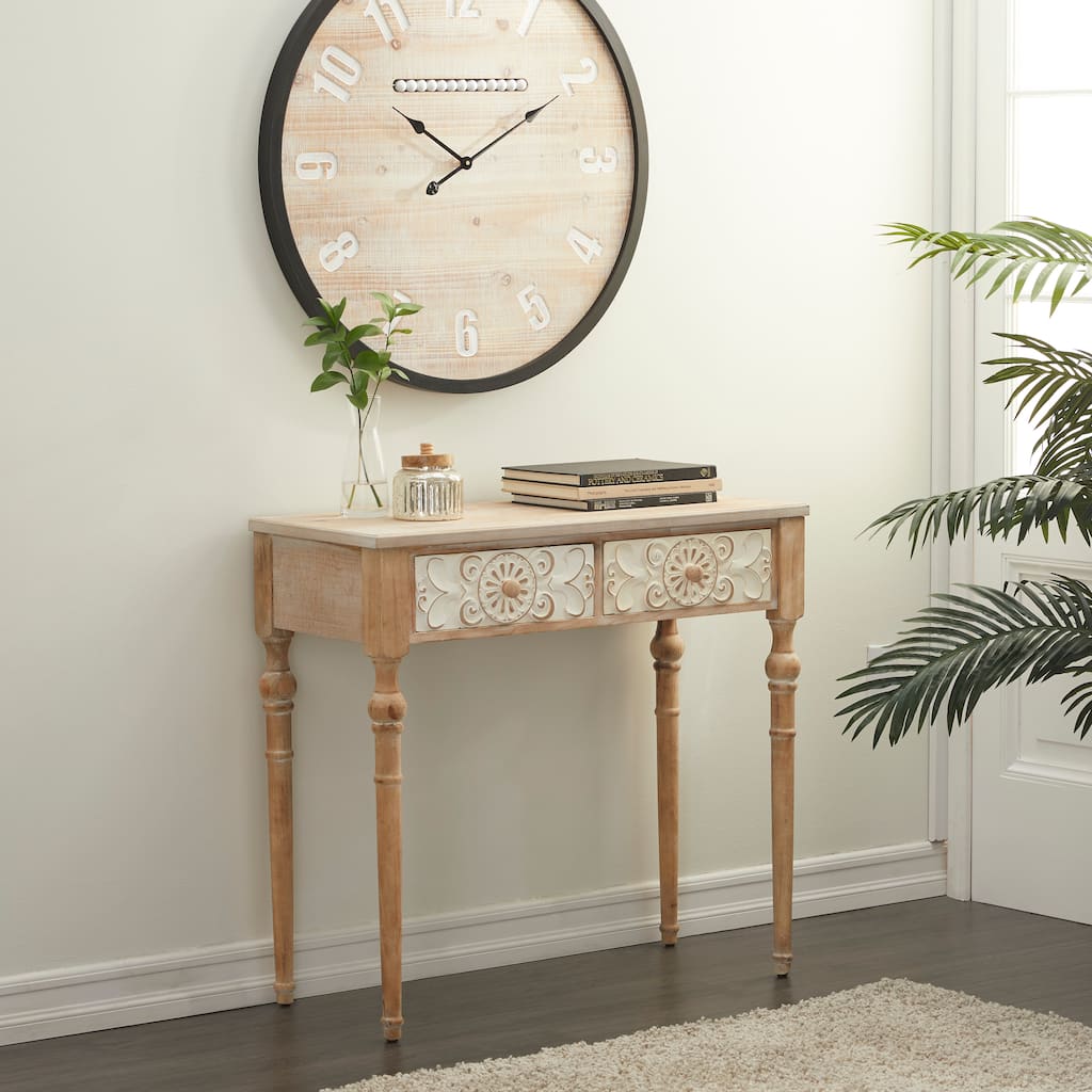 Brown Wood Intricately Carved 2 Drawers Floral Console Table