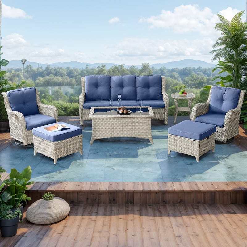 Gymojoy 7 Piece Outdoor Sofa Swivel Rocker Chairs Set - Light beige - Blue