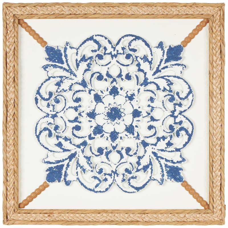 Wood Floral Relief Home Wall Decor with Brown Woven Seagrass Frame and White Backing - Blue - Roche River Decor - Blue