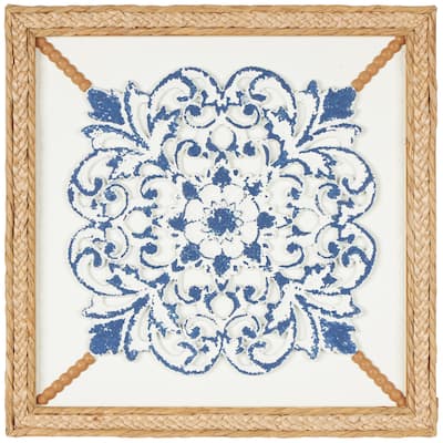 Wood Floral Relief Home Wall Decor with Brown Woven Seagrass Frame and White Backing - Blue - Roche River Decor