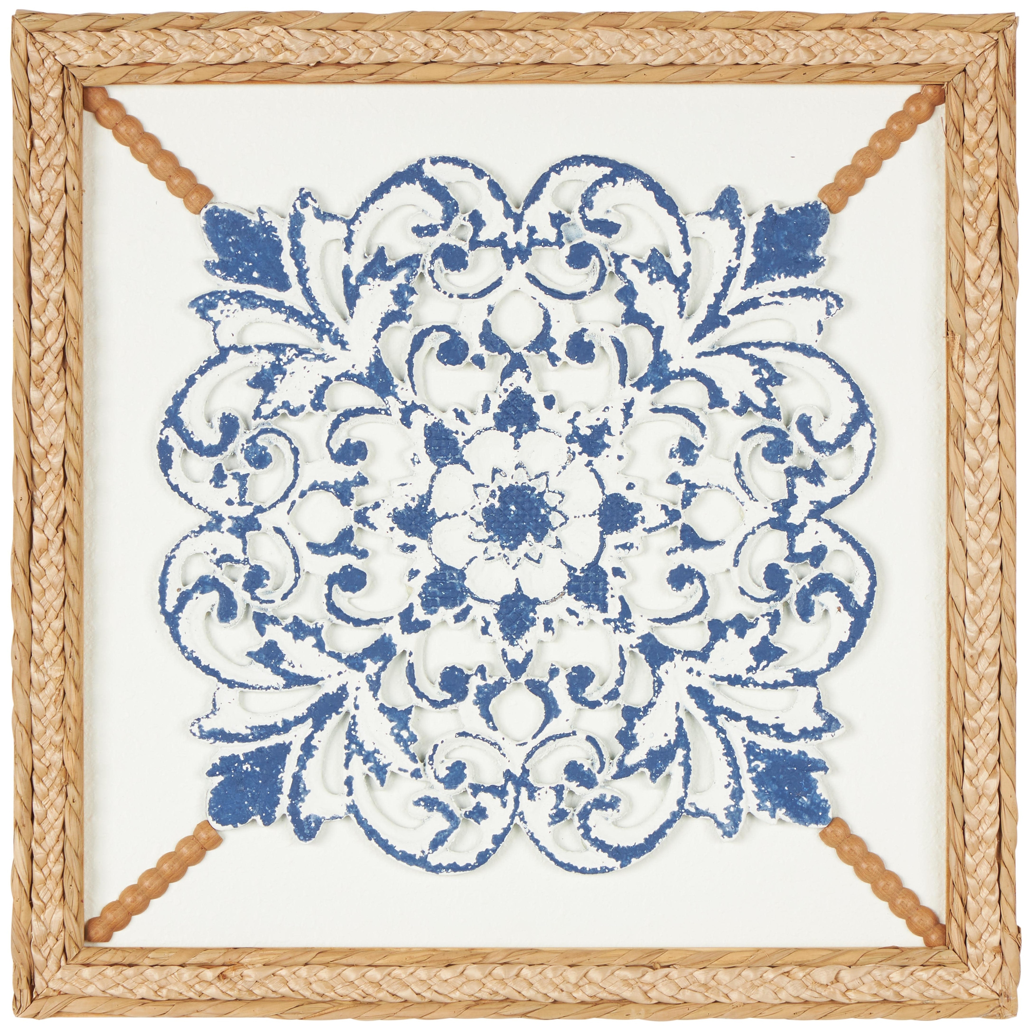 Wood Floral Relief Home Wall Decor with Brown Woven Seagrass Frame and White Backing - Blue - Roche River Decor