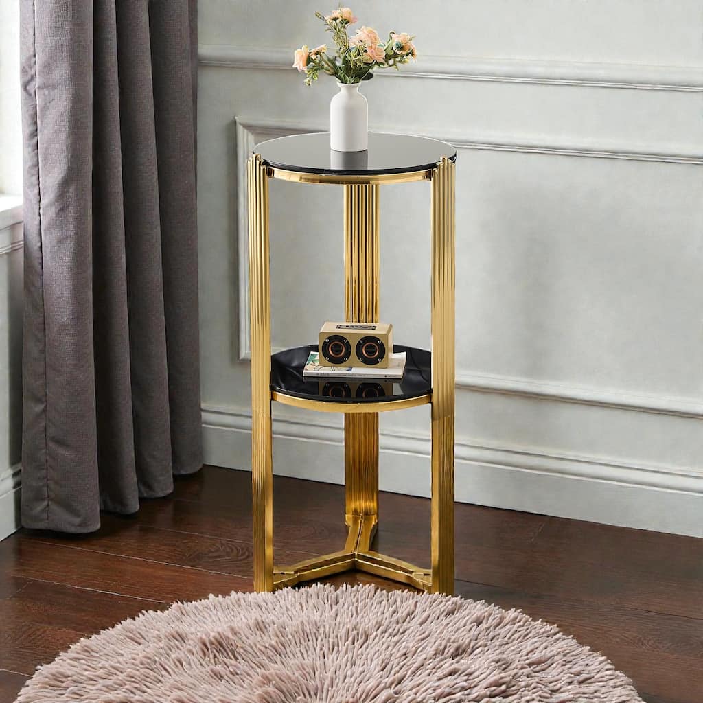 16.9 Inch Modern Round End Table with Double Layer Black Glass, Gold Stainless Steel Frame, Easy Assembly