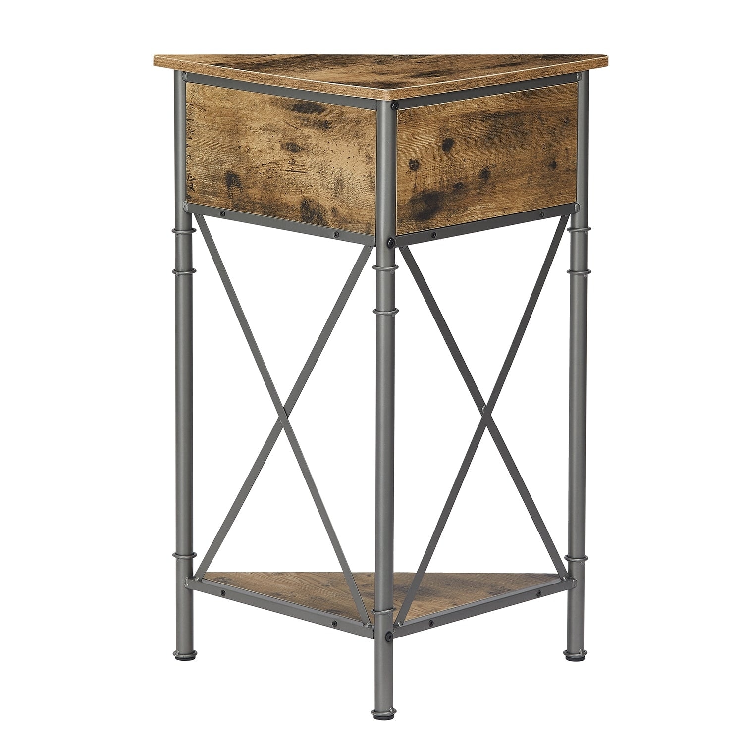 Triangle end table with outlet storage