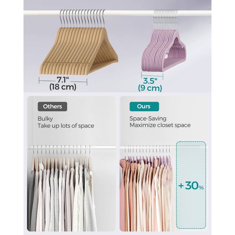 Space-Saving Velvet Anti-Slip Coat Hangers with Shoulder Notches and Swivel Hook