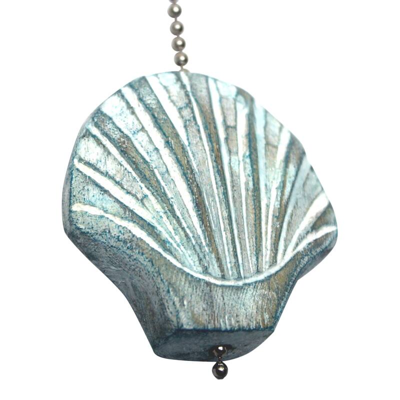 Aqua Scallop Shell Hand Carved Wood Ceiling Fan Light Pull