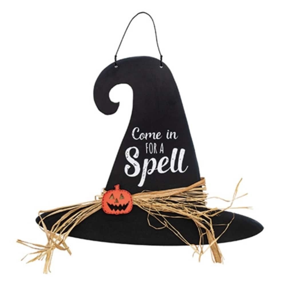 13" Halloween Witch Hat Wall Hanging Rustic Wooden Decor with Pumpkin Accent and Metal Hanger - 13" H x 15.5" W x .25" D