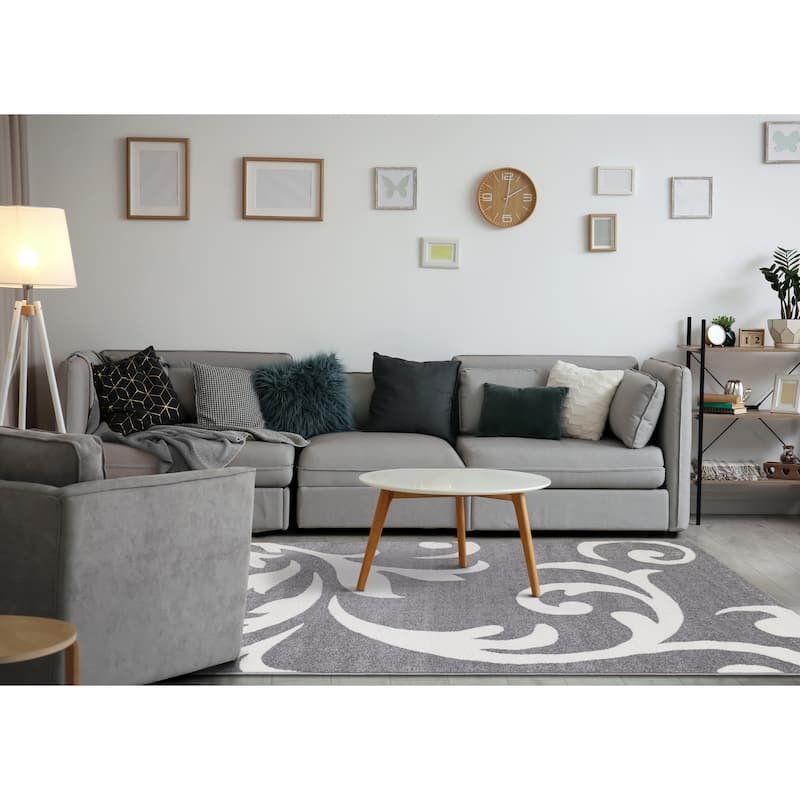 Covington Collection - Grey/Cream Damask Swirl Rug