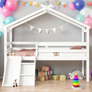 Twin Low Loft House Bed with Slide, Ladder, Safety Guardrails, House Roof Frame