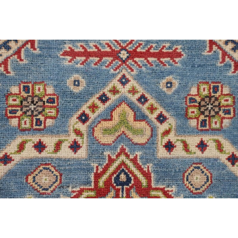 Blue Geometric Kazak Oriental Rug Bedroom Hand-Knotted Wool Carpet - 4'0"x 5'10"