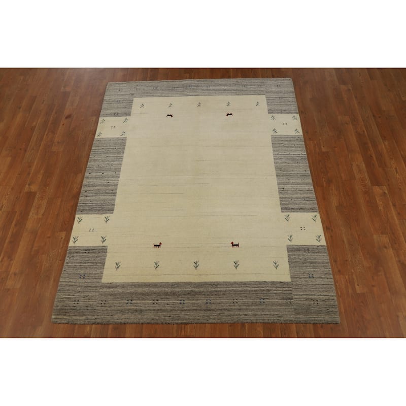 Hand Knotted Oriental 100% Wool Carpet Tribal Animal Pictorial Beige & Ivories Gabbeh Area Rug - 6' 4'' X 4' 9''