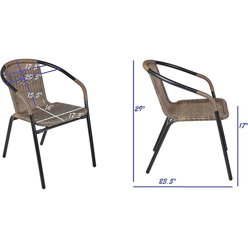 BTEXPERT Indoor Outdoor 28" Square Tempered Glass Metal Table Brown Rattan Trim + 4 Brown Restaurant Rattan Stack Chairs
