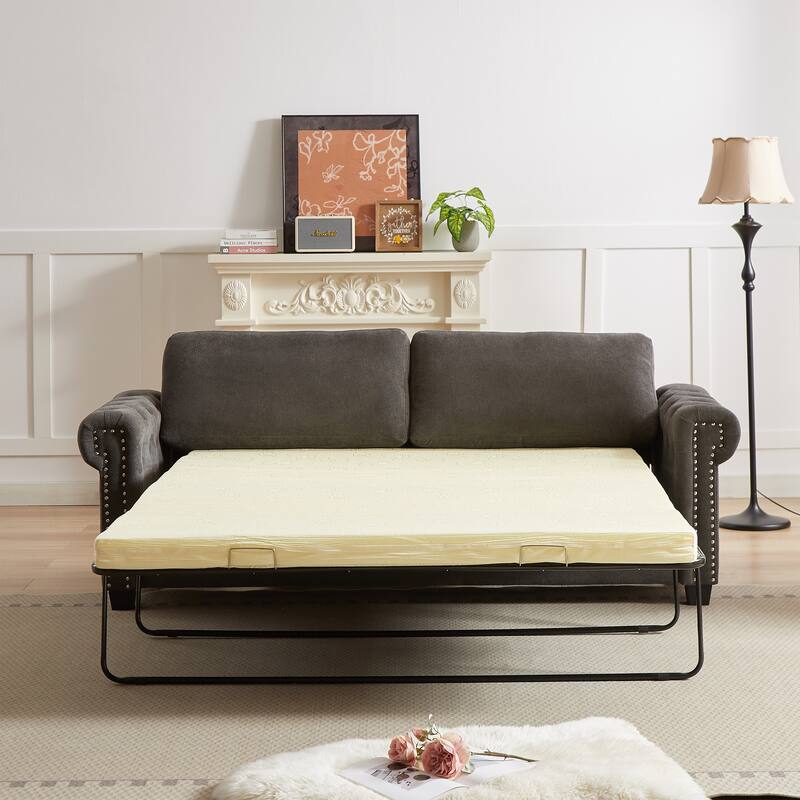 83.8" 2-in-1 Polyester 3-seater Nailheads Convertible Pullout Sofa Bed with Folding Mattress for Living Room